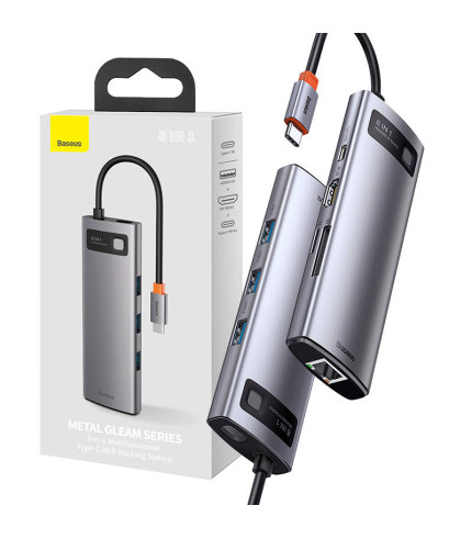 Baseus Metal Gleam Serija Hub 8u1 USB-C + HDMI + USB-C PD + Ethernet RJ45 + microSD/SD