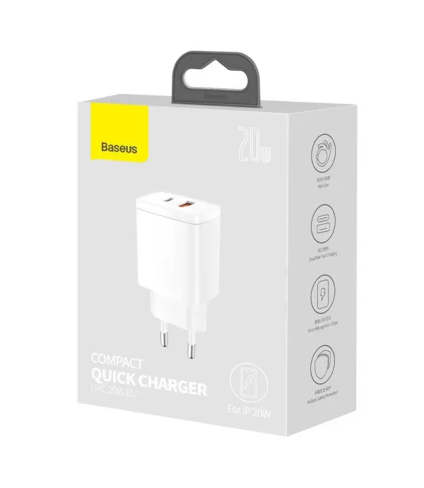 BASEUS Compact brzi punjač s dva priključka USB i Type C 20W adapter