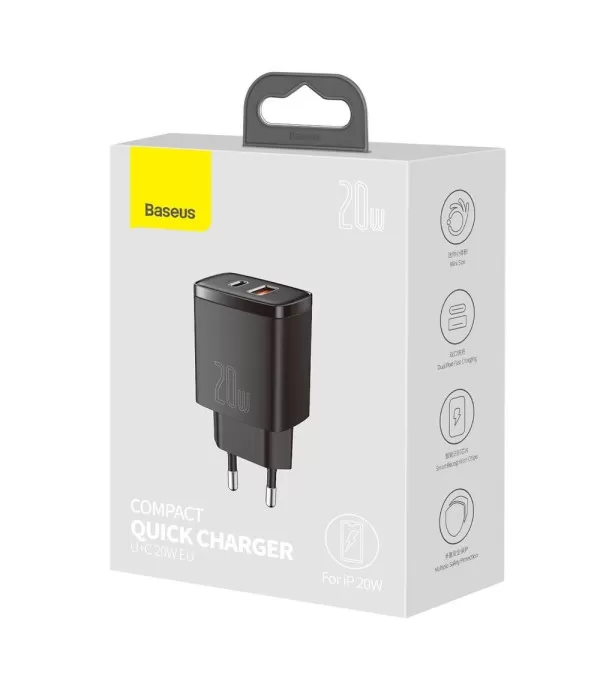 BASEUS Compact brzi punjač s dva priključka USB i Type C 20W adapter
