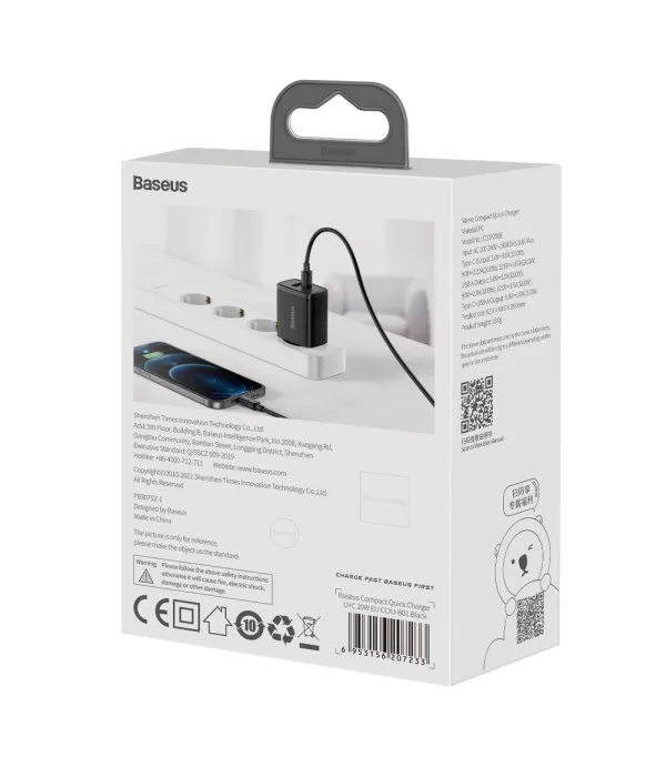 BASEUS Compact brzi punjač s dva priključka USB i Type C 20W adapter