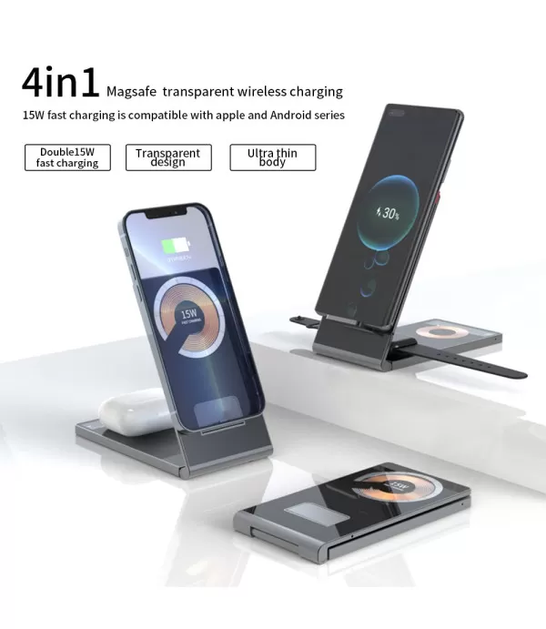 Premium sklopivi stalak nosač i magnetski bežični punjač 15W za iPhone ili Android mobitele