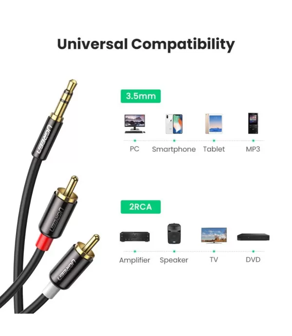 UGREEN AUX kabel 3,5 mm na 2RCA (Cinch) stereo audio kabel za pametni telefon, zvučnik, tablet, pojačalo
