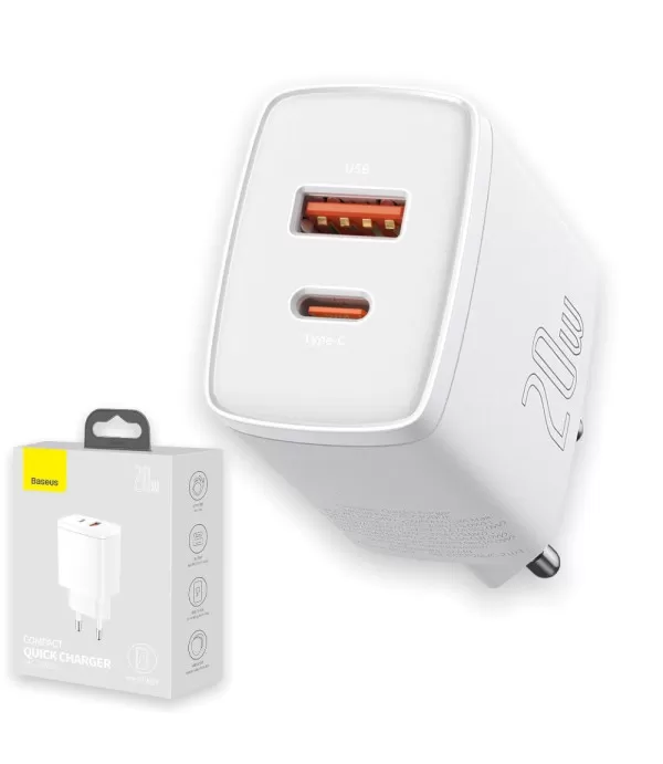 BASEUS Compact brzi punjač s dva priključka USB i Type C 20W adapter