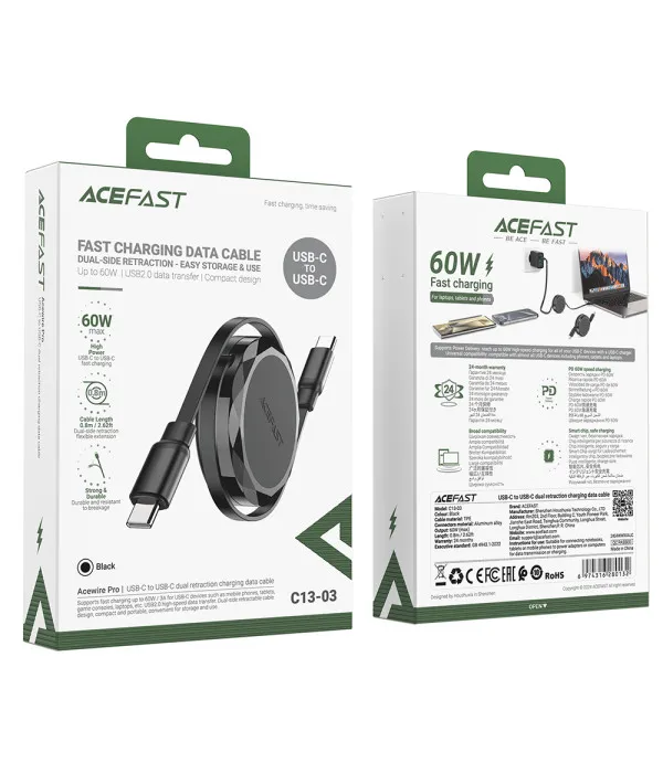 ACEFAST C13-03 USB-C na USB-C uvlačivi kabel 60W PD 0,8 m