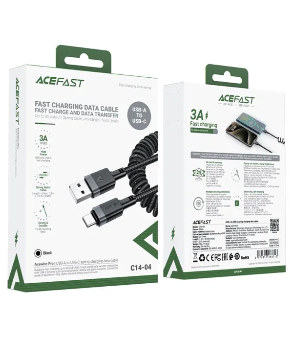 ACEFAST C14-04 USB-A na USB-C spiralni kabel za punjenje i prijenos podataka 1.2m - Crni