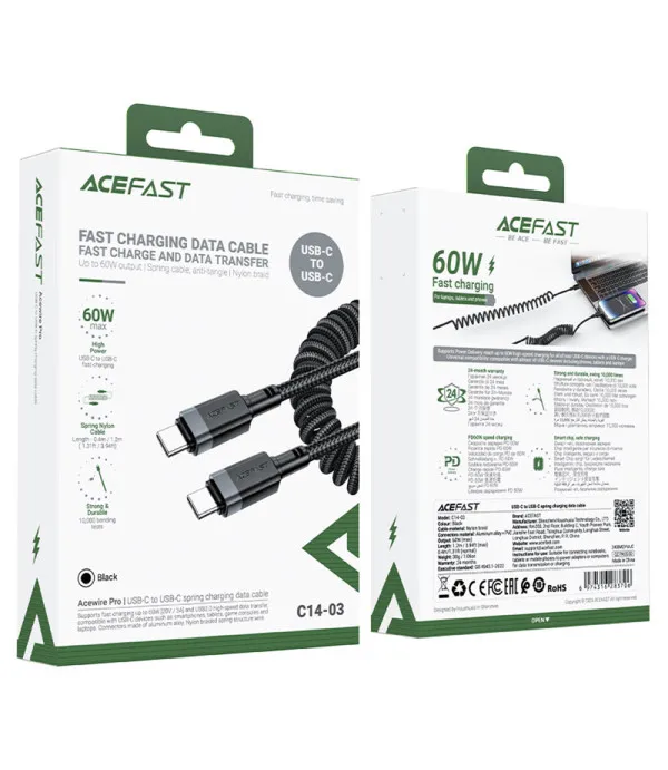 ACEFAST C14-03 USB-C na USB-C spiralni kabel 60W 3A 1.2m