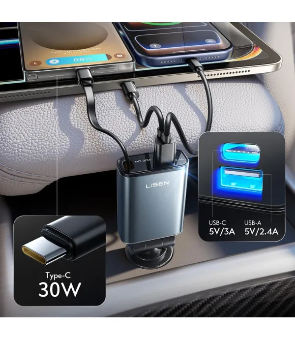 Lisen 3u1 auto punjač 57W s uvlačivim USB-C kabelom