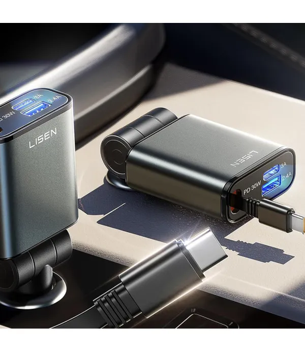 Lisen 3u1 auto punjač 57W s uvlačivim USB-C kabelom