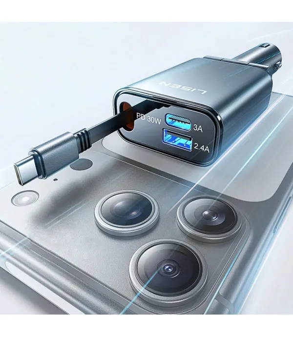 Lisen 3u1 auto punjač 57W s uvlačivim USB-C kabelom