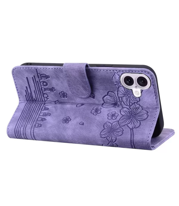 Preklopna torbica Maca i cvijeće za iPhone 16 Plus