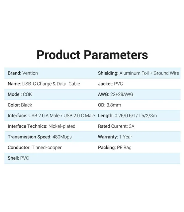 VENTION USB-A na USB-C kabel 0.5m 3A