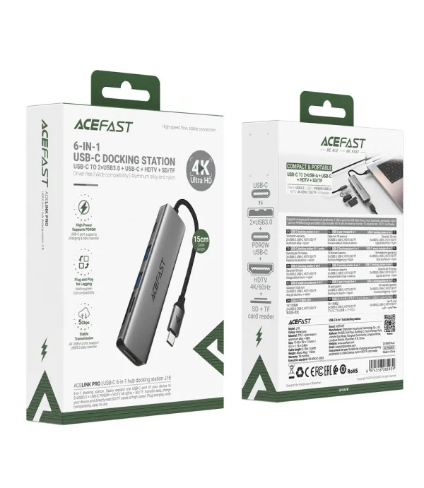 Acefast J18 USB-C 6-u-1 Hub s HDMI 4K 60Hz, PD 90W i čitačem SD/microSD kartica