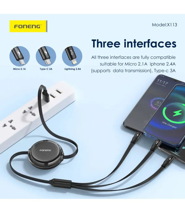 Foneng X113 3u1 USB kabel Micro USB / USB-C / Lightning