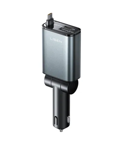 Lisen 3u1 auto punjač 57W s uvlačivim USB-C kabelom