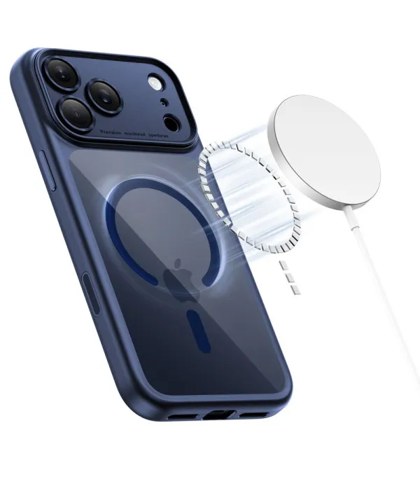 MagSafe maskica za iPhone 17 Pro – plava s sjajnim  prozirnim leđima